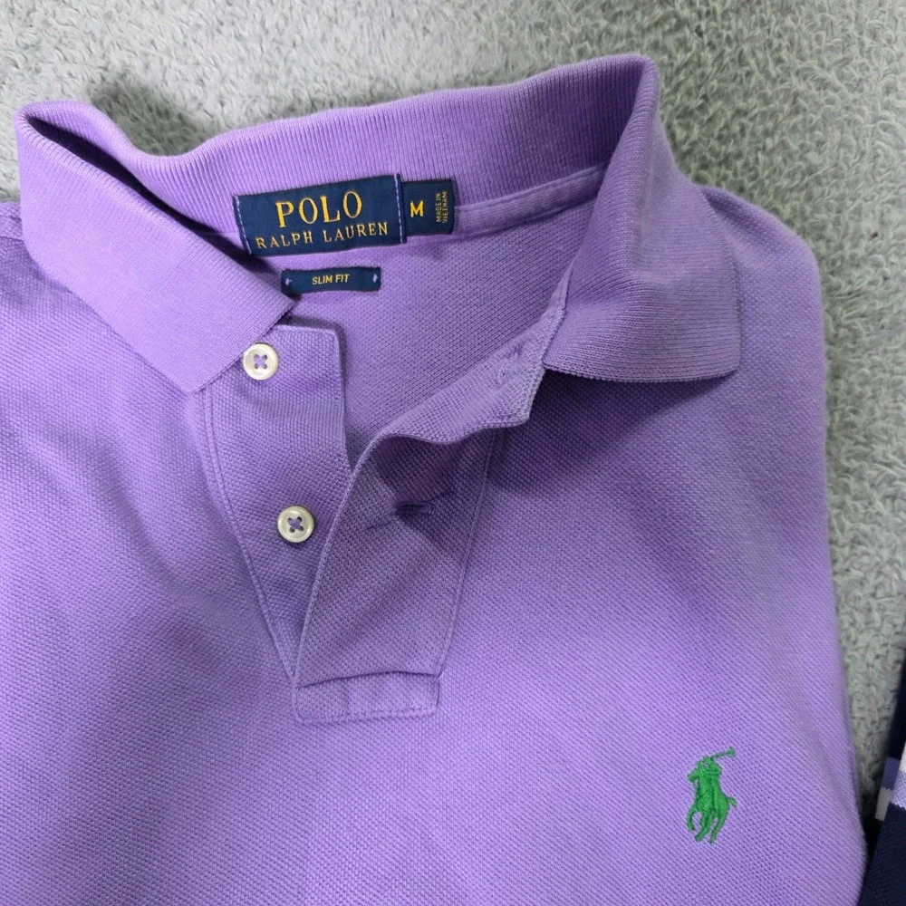 Polo Ralph Lauren Mens M Polo Shirts 3 Pack Purple Blue Striped Slim Golf Fit